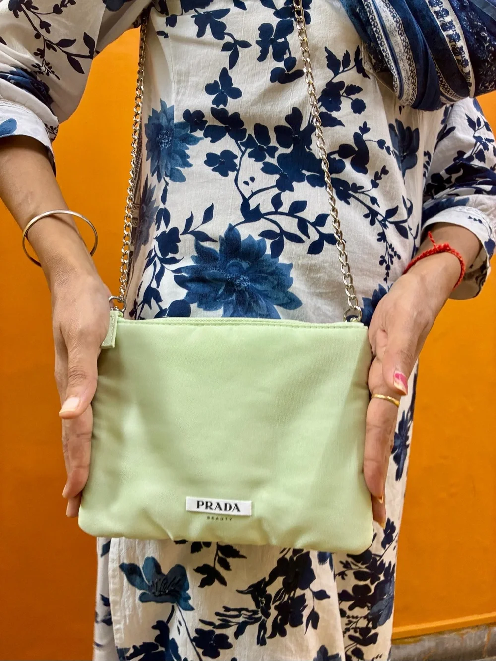 Classic and clean!Prada Beauty Mint Green Crossbody Bag with Chain Strap